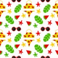 Summer pattern of women`s swimsuit, watermelon and glasses on a white background